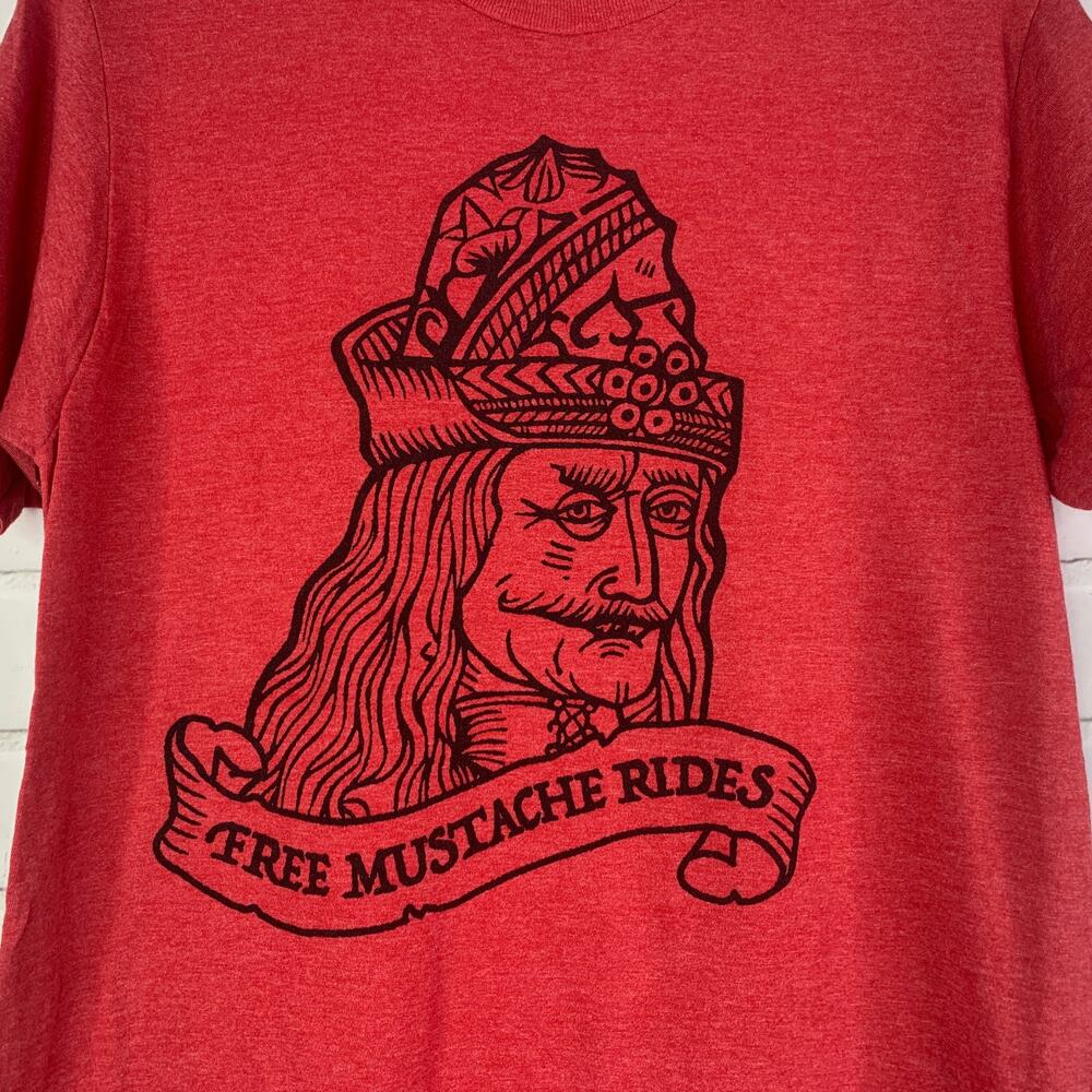 Tee Villain tshirt Free Mustache Rides Vlad red ringspun cotton medium unisex - Picture 2 of 4